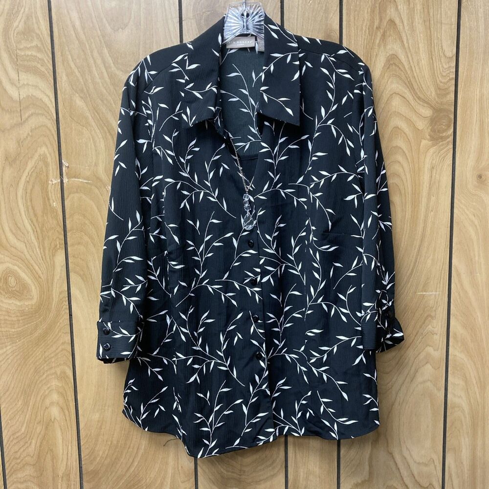 KIM ROGERS black white floral layered 3/4 sleeves polyester button up top 2X